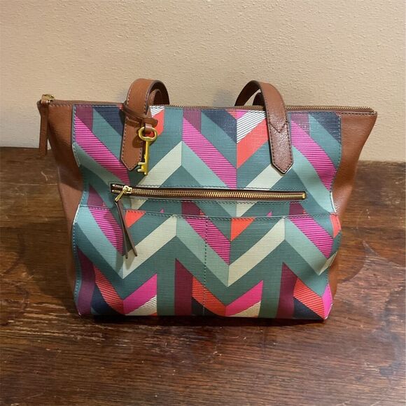 Fossil Fiona Chevron Blue/Pink Tote Bag PVC Canvas Faux Leather Women's Zip​​ - Picture 7 of 12
